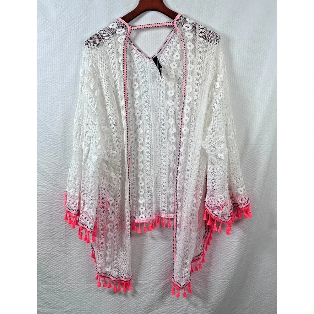 Express White Cotton Crochet‎ Neon Pink Tassels Open Swimsuit Cover Up One Size